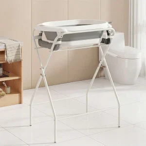 Baignoire bébé pliable avec support, thermomètre intégré, coussin de soutien doux, et hauteur ergonomique pour nouveau-nés jusqu'à 3 ans