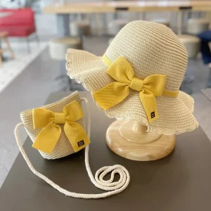 Ensemble chapeau de paille et sac bandoulière pour fille – Chapeau de soleil d'été avec joli nœud et sac bandoulière assorti pour la plage et les voyages