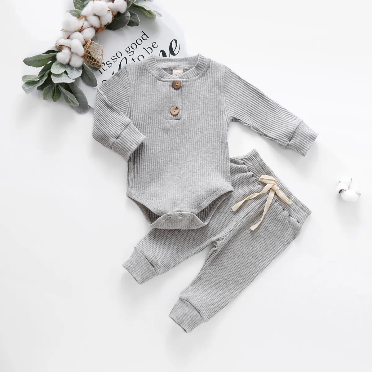 Ensemble 2 pièces pour nouveau-né, côtelé ou à carreaux, pour le printemps : body et pantalon élastique – Image 4