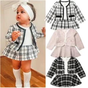Tenue de fête pour bébé fille - Manteau à carreaux, hauts et robe