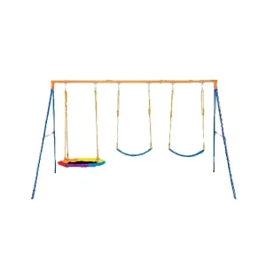 Portique de jardin robuste pour enfants – Capacité de 272 kg avec 1 balançoire soucoupe et 2 balançoires à ceinture – Aire de jeux extérieure à cadre métallique pour tout-petits et enfants