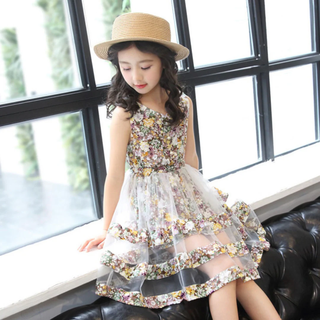 Robe d'été pour fille à imprimé floral et maille multicouche – Image 2