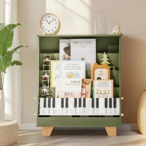 Bibliothèque pour enfants avec rangement pour jouets – Bibliothèque double face en bois à 4 niveaux, organiseur en bois naturel pour garçons et filles, étagères avant et arrière