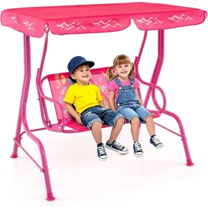 Balançoire de terrasse pour enfants – Balançoire d'extérieur 2 places avec auvent réglable, ceinture de sécurité et cadre robuste pour jardin, cour ou véranda