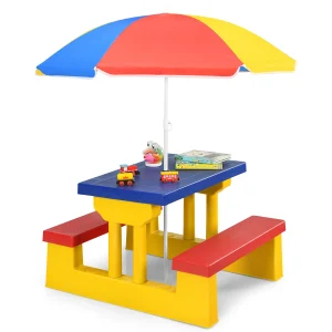 Table de pique-nique pour enfants avec parasol amovible – Table de jeu intérieure/extérieure pour jardin, terrasse ou arrière-cour – 4 places