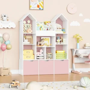 Rangement de jouets pour enfants avec toit de château – Grande bibliothèque pour maison de poupée avec 3 tiroirs roulants et 9 compartiments ouverts