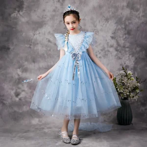 Robe de princesse des neiges à manches bouffantes en dentelle et paillettes