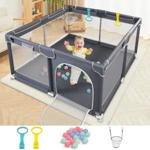 Parc pour bébé grand format carré (128x128x68 cm) avec rembourrage en mousse anti-collision, ventouses puissantes et accessoires pour jouer à l'intérieur/extérieur