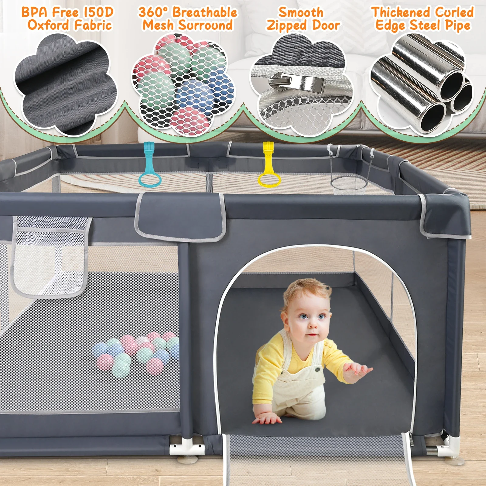 Parc pour bébé grand format carré (128x128x68 cm) avec rembourrage en mousse anti-collision, ventouses puissantes et accessoires pour jouer à l'intérieur/extérieur – Image 3