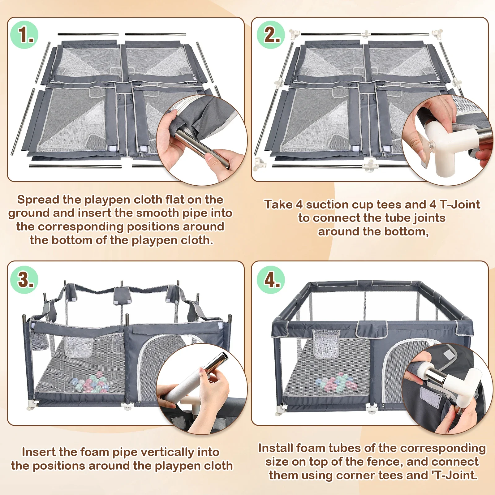 Parc pour bébé grand format carré (128x128x68 cm) avec rembourrage en mousse anti-collision, ventouses puissantes et accessoires pour jouer à l'intérieur/extérieur – Image 5