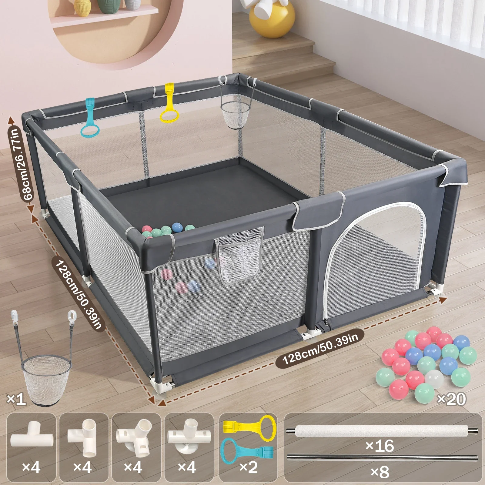 Parc pour bébé grand format carré (128x128x68 cm) avec rembourrage en mousse anti-collision, ventouses puissantes et accessoires pour jouer à l'intérieur/extérieur – Image 6