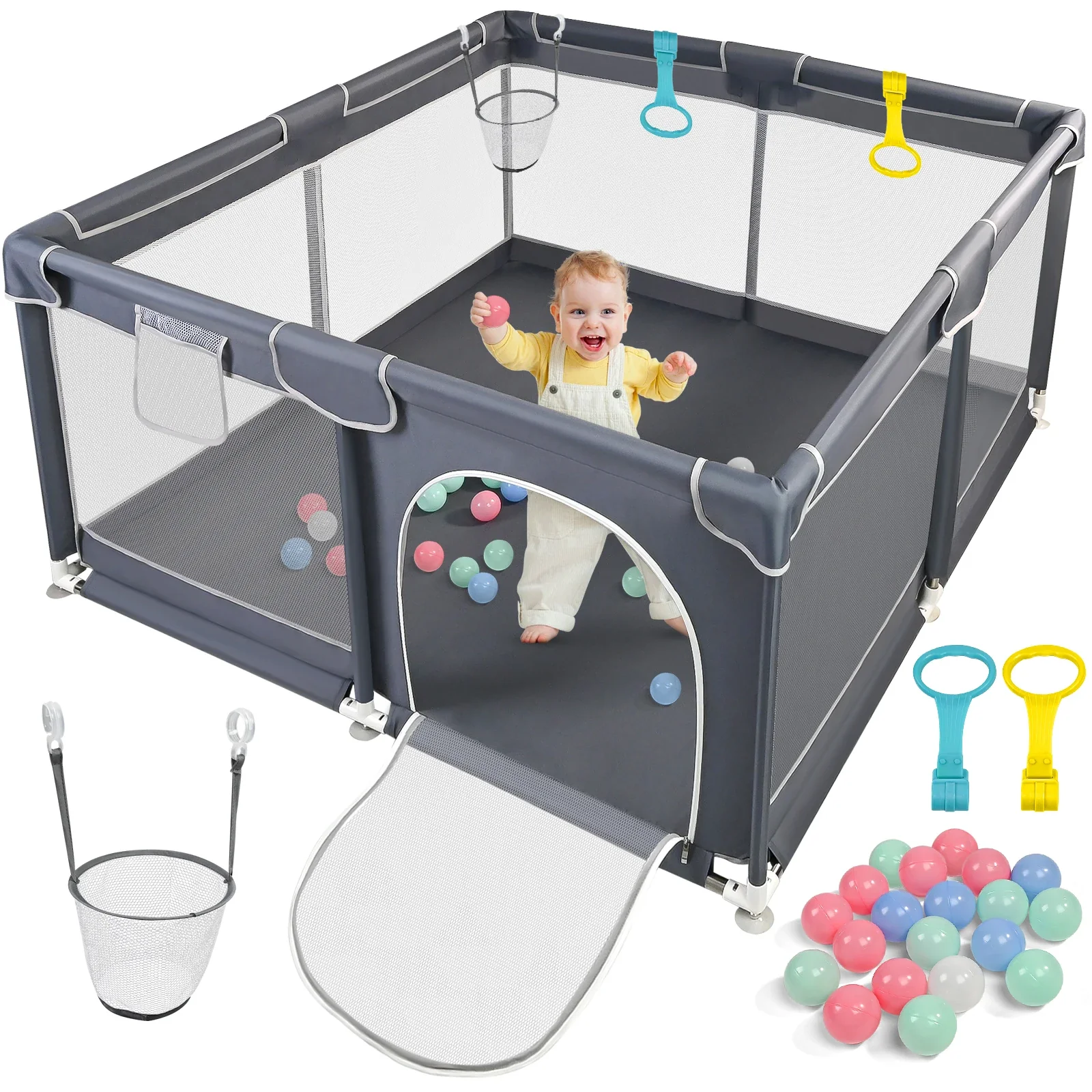 Parc pour bébé grand format carré (128x128x68 cm) avec rembourrage en mousse anti-collision, ventouses puissantes et accessoires pour jouer à l'intérieur/extérieur – Image 7