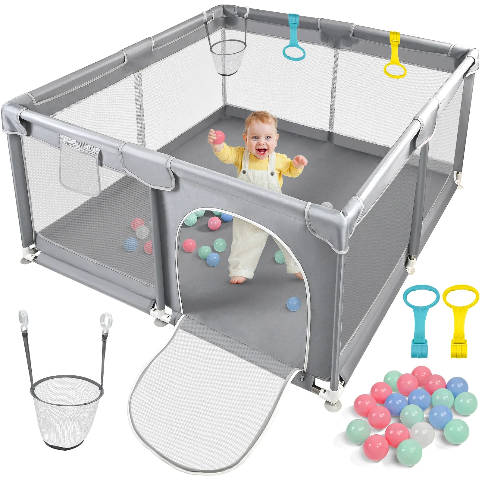 Parc pour bébé grand format carré (128x128x68 cm) avec rembourrage en mousse anti-collision, ventouses puissantes et accessoires pour jouer à l'intérieur/extérieur – Image 8