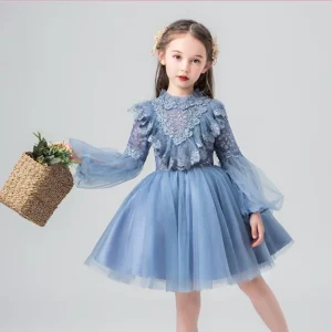 Robe de princesse à manches bouffantes et col cape en dentelle brodée superposée