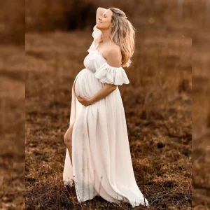 Robe de maternité pour baby shower – Robe en coton et lin brodée avec manches en dentelle | Tenue élégante pour séance photo pour femme enceinte