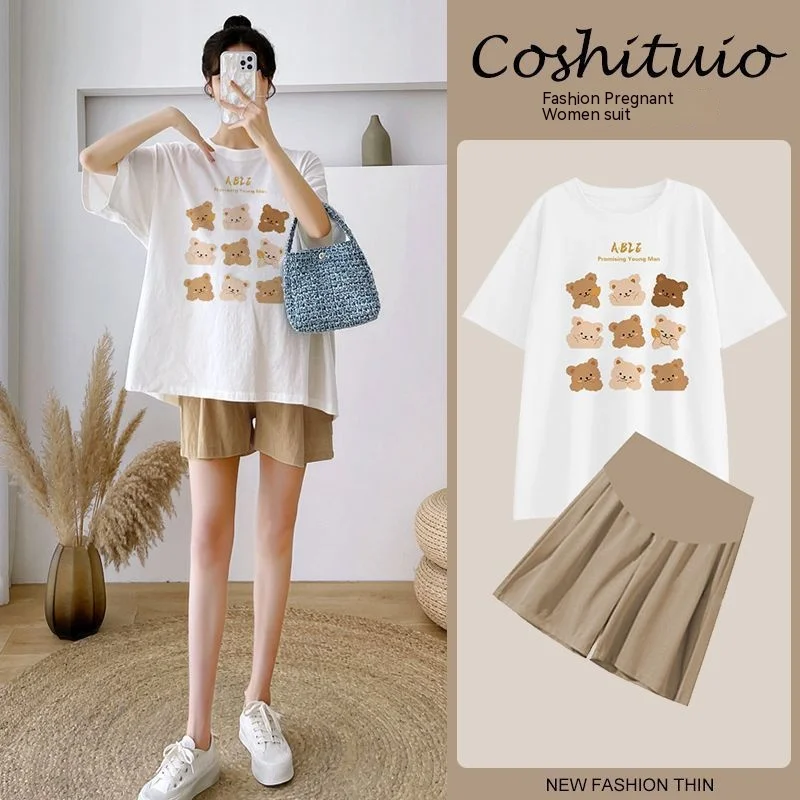 Tenue de maternité deux pièces d'été à motif ours coréen – Ensemble haut à manches courtes et short confortable, vêtements de grossesse légers – Image 4