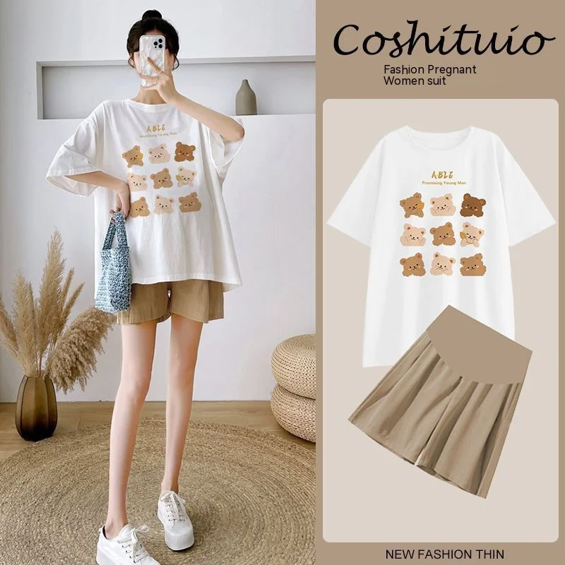 Tenue de maternité deux pièces d'été à motif ours coréen – Ensemble haut à manches courtes et short confortable, vêtements de grossesse légers – Image 6