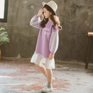 Robe tendance longueur genou pour fille en dentelle à pois