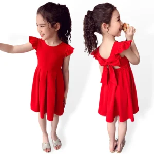 Robe rouge unie à manches papillon et nœud pour fille