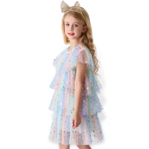 Robe d'anniversaire décontractée en maille superposée Star Splash pour fille