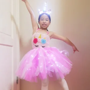 Robe de soirée en tulle avec licorne lumineuse à LED pour filles