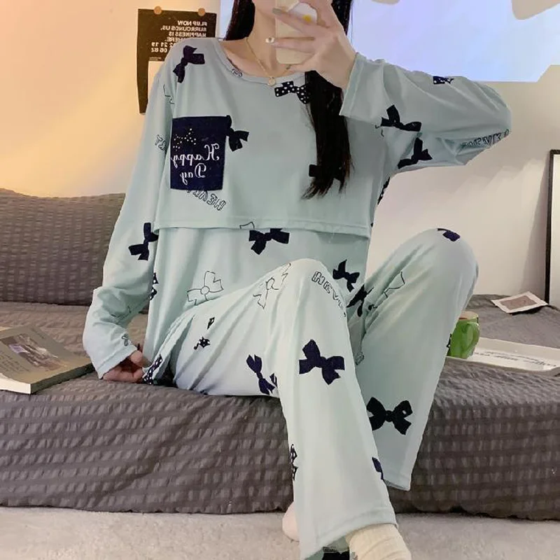 Pyjama de maternité deux pièces, nouvelle collection mensuelle – Tenue d'allaitement printemps-automne, confortable pour la maison, pour les mamans qui allaitent – Image 3