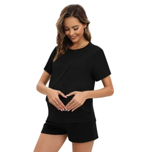 Pyjama d'été en coton pour femme enceinte – Vêtements de nuit de maternité et d'allaitement (haut et short)