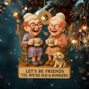 Décoration de Noël personnalisée pour les meilleures amies – Vieilles dames amusantes assises dans des fauteuils à bascule, noms et couleurs de peau personnalisés, cadeau pour une amitié durable, souvenir de décoration de Noël