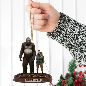 Ornement acrylique personnalisé Bigfoot m’a vu – Cadeau rando personnalisé avec photo | Déco de Noël drôle pour aventuriers & amoureux de la nature