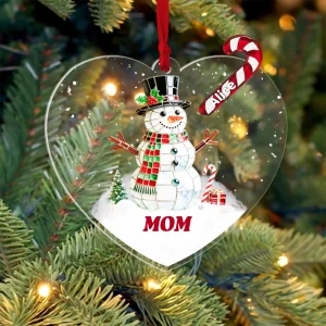 Bonhomme de neige en verre brisé personnalisé – Décoration de Noël en acrylique personnalisée avec nom et canne en sucre | Cadeau pour maman, grand-mère ou grand-mère