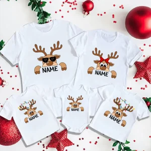 Chemises de Noël personnalisées pour famille avec rennes – Tenues assorties avec nom de famille personnalisé – Maman, Papa, enfants et bébé