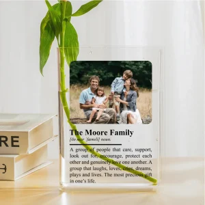 Vase à livres acrylique personnalisé avec définition de famille - Souvenir personnalisé avec photo et nom de famille - Idée cadeau unique pour pendaison de crémaillère ou Noël