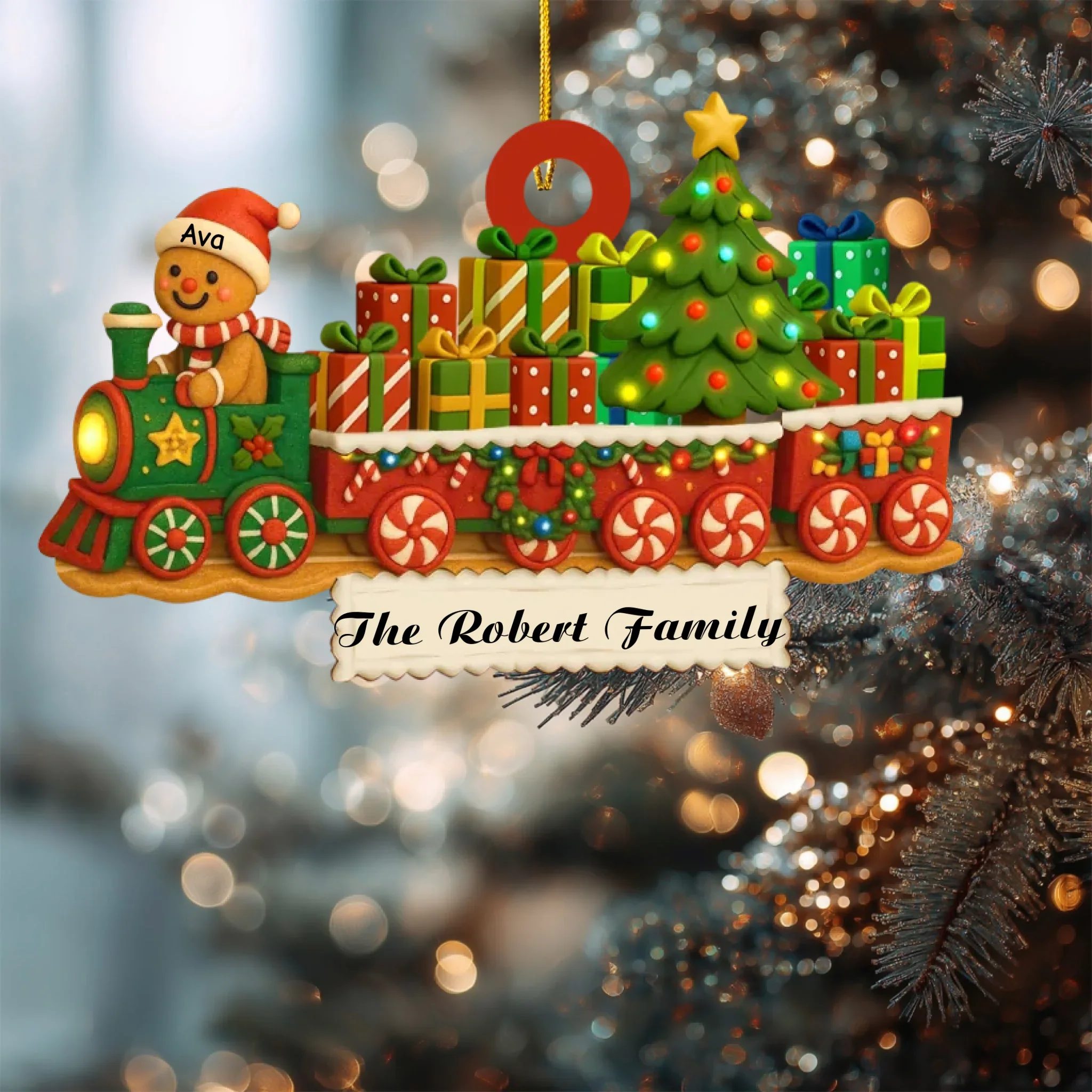 Décoration de Noël personnalisée en forme de train familial en pain d'épices – Décoration de Noël en bois personnalisée avec noms de famille, joli cadeau souvenir de Noël – Image 2