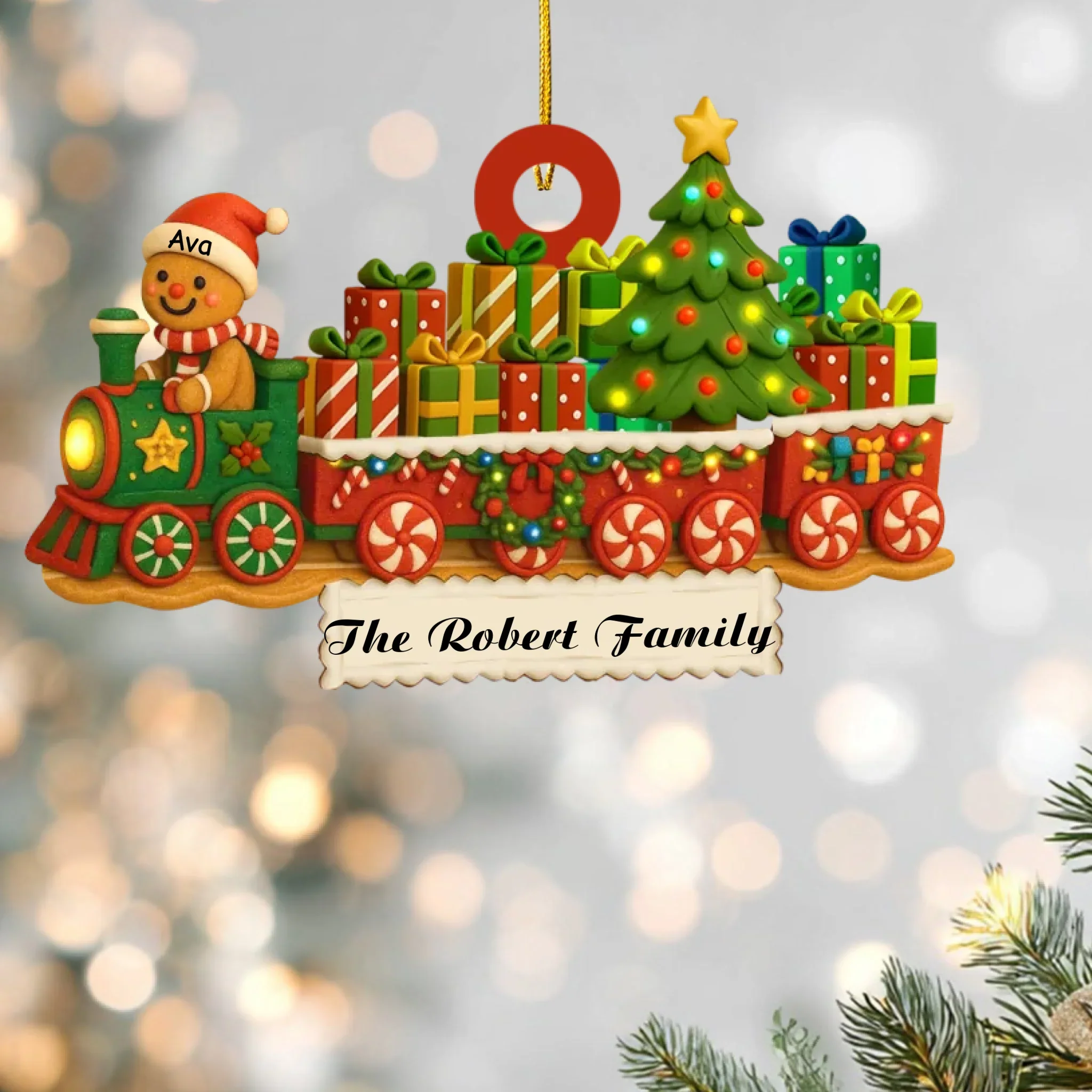 Décoration de Noël personnalisée en forme de train familial en pain d'épices – Décoration de Noël en bois personnalisée avec noms de famille, joli cadeau souvenir de Noël – Image 4