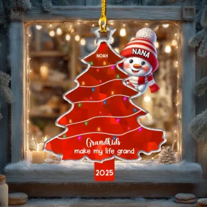 Ornement acrylique personnalisé Mamie & Petits-Enfants – Bonhomme de neige avec prénoms, décoration de sapin de Noël 2025