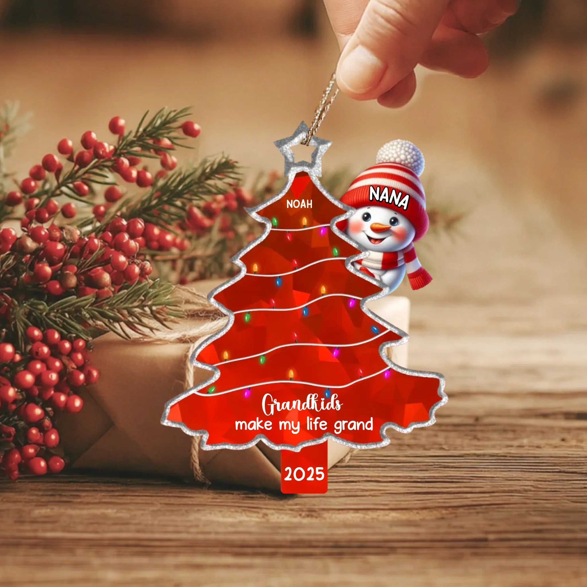 Ornement acrylique personnalisé Mamie & Petits-Enfants – Bonhomme de neige avec prénoms, décoration de sapin de Noël 2025 – Image 3
