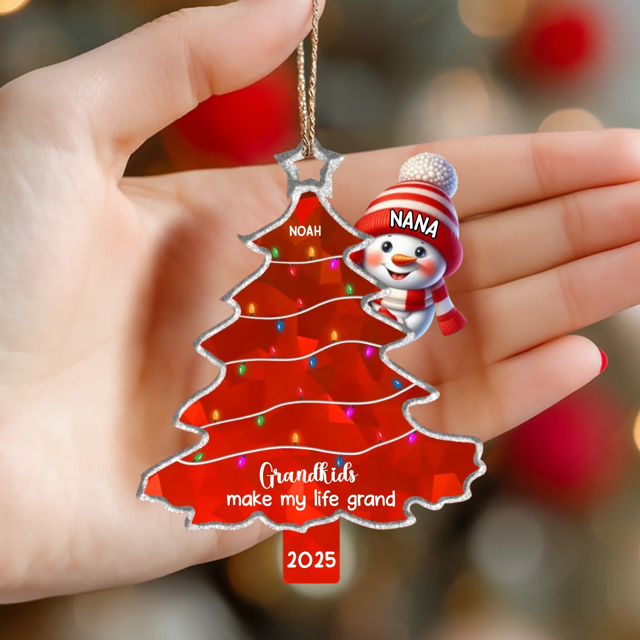 Ornement acrylique personnalisé Mamie & Petits-Enfants – Bonhomme de neige avec prénoms, décoration de sapin de Noël 2025 – Image 5