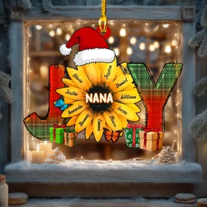 Décoration acrylique personnalisée « Grandma JOY » – Cadeau de Noël personnalisé pour grand-mère, maman ou grand-mère avec les noms des petits-enfants et un motif tournesol
