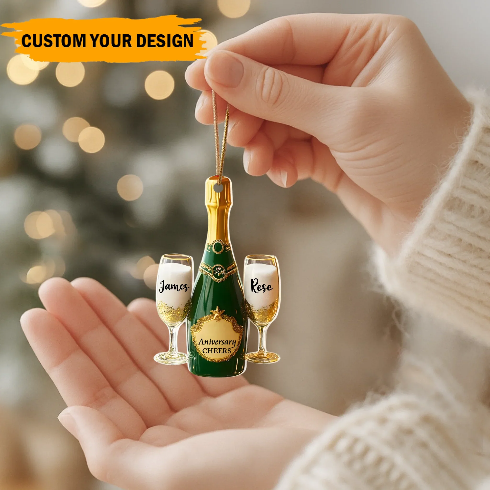 Ornement personnalisé “Joyeux anniversaire – Bouteille de champagne et verres à toast” – Ornement personnalisé avec noms de couple et années d'anniversaire | Cadeau romantique pour couples, mariages, Noël et célébrations importantes – Image 2