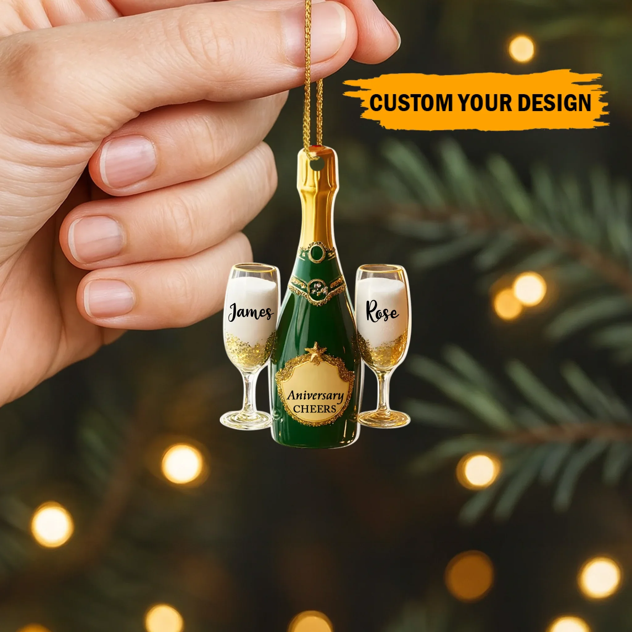 Ornement personnalisé “Joyeux anniversaire – Bouteille de champagne et verres à toast” – Ornement personnalisé avec noms de couple et années d'anniversaire | Cadeau romantique pour couples, mariages, Noël et célébrations importantes – Image 3