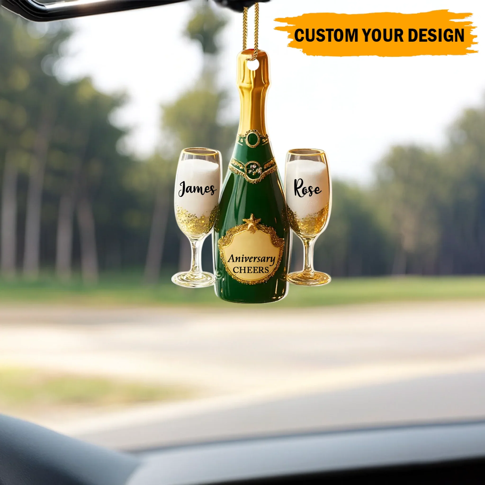 Ornement personnalisé “Joyeux anniversaire – Bouteille de champagne et verres à toast” – Ornement personnalisé avec noms de couple et années d'anniversaire | Cadeau romantique pour couples, mariages, Noël et célébrations importantes – Image 4