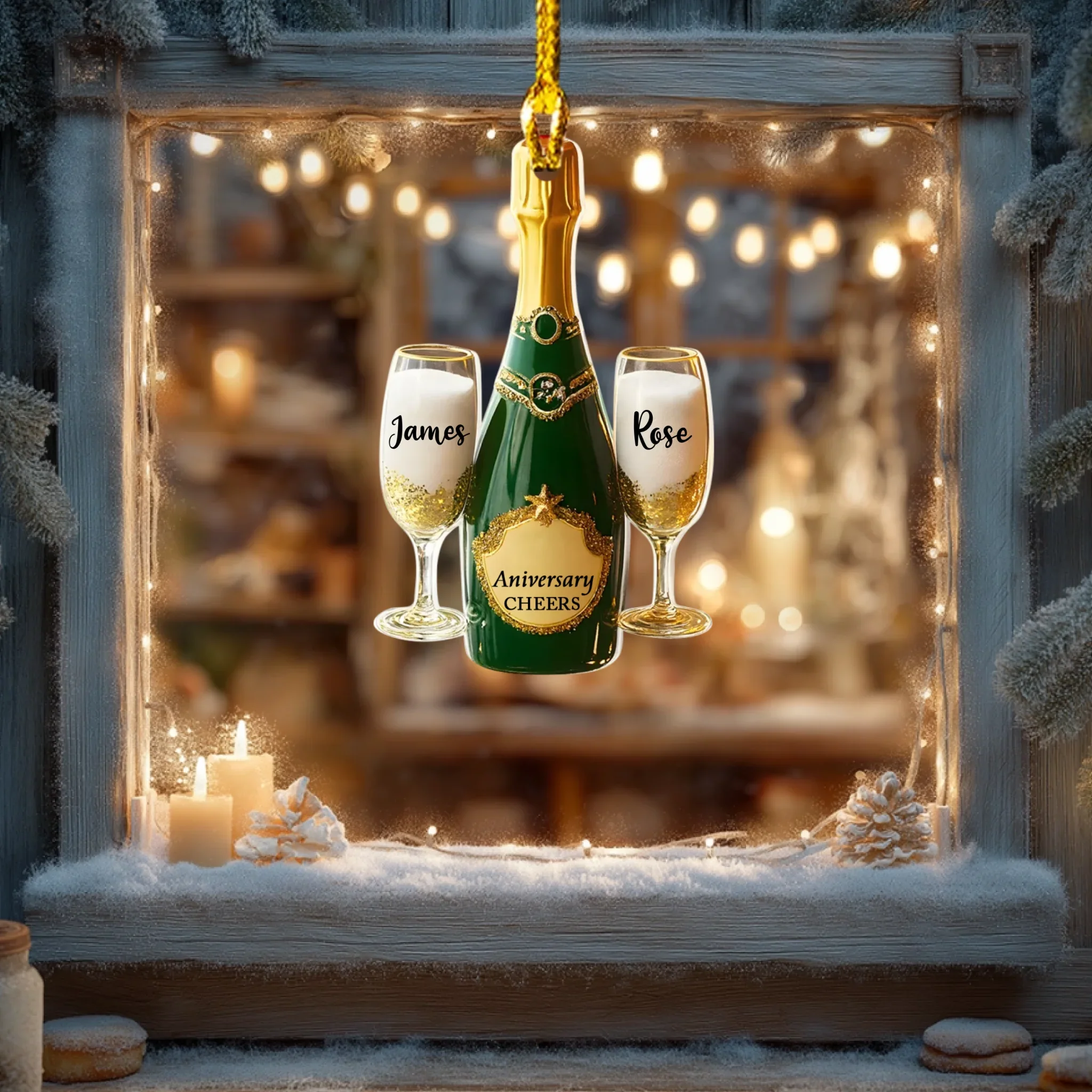 Ornement personnalisé “Joyeux anniversaire – Bouteille de champagne et verres à toast” – Ornement personnalisé avec noms de couple et années d'anniversaire | Cadeau romantique pour couples, mariages, Noël et célébrations importantes – Image 5