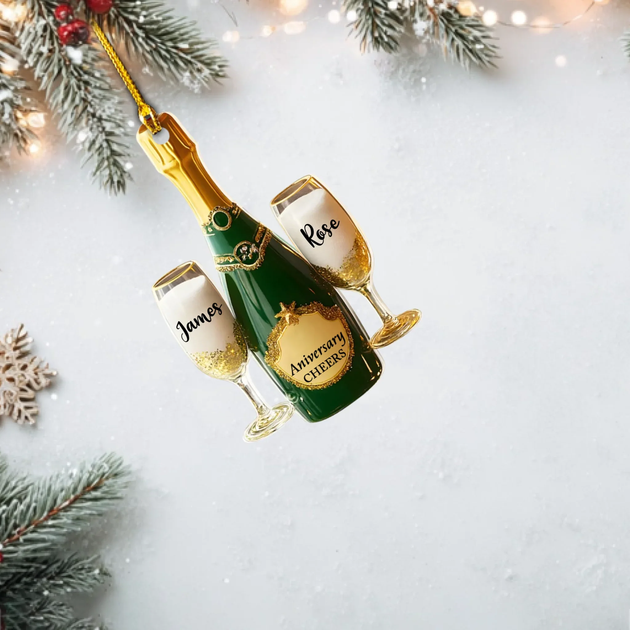 Ornement personnalisé “Joyeux anniversaire – Bouteille de champagne et verres à toast” – Ornement personnalisé avec noms de couple et années d'anniversaire | Cadeau romantique pour couples, mariages, Noël et célébrations importantes – Image 6