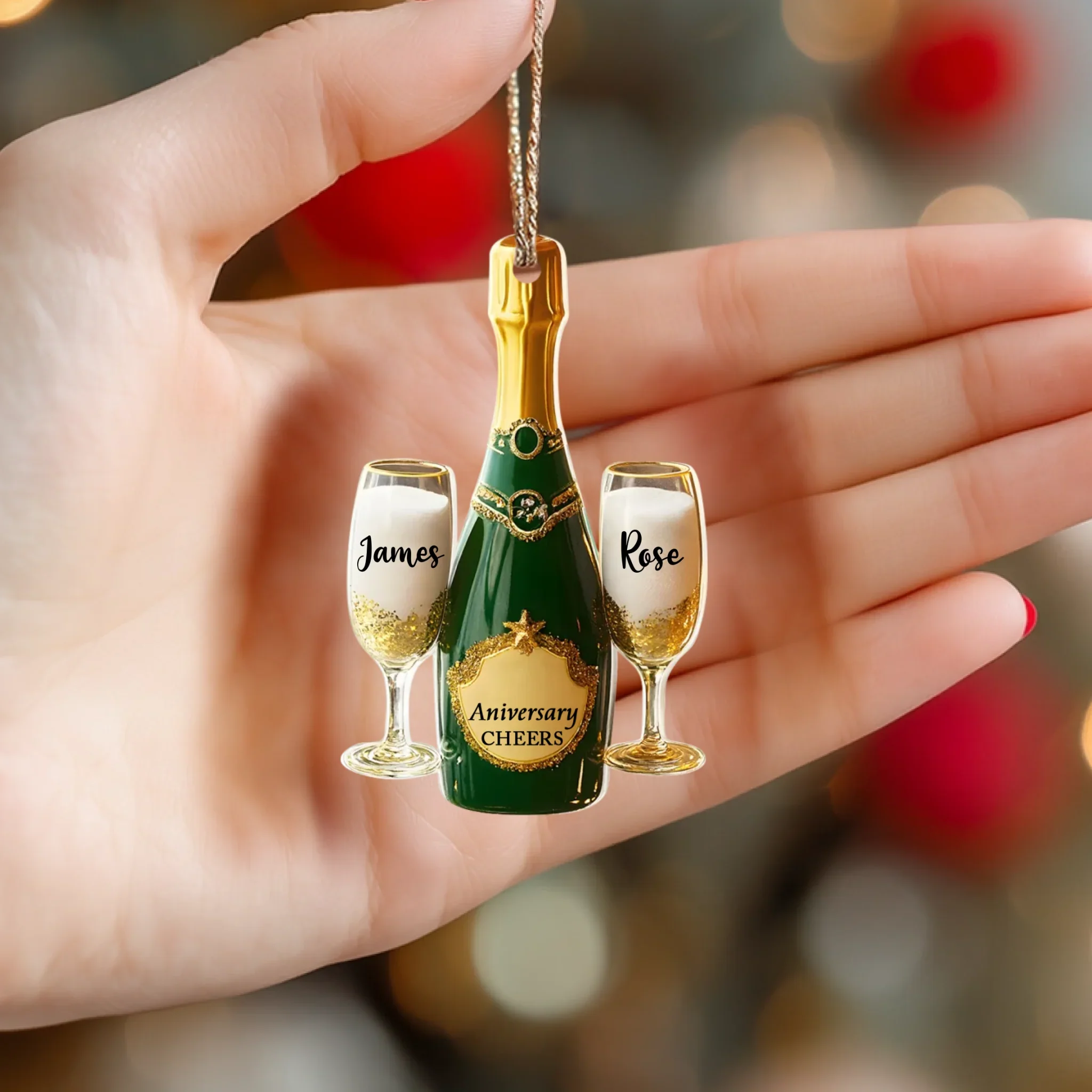 Ornement personnalisé “Joyeux anniversaire – Bouteille de champagne et verres à toast” – Ornement personnalisé avec noms de couple et années d'anniversaire | Cadeau romantique pour couples, mariages, Noël et célébrations importantes – Image 8