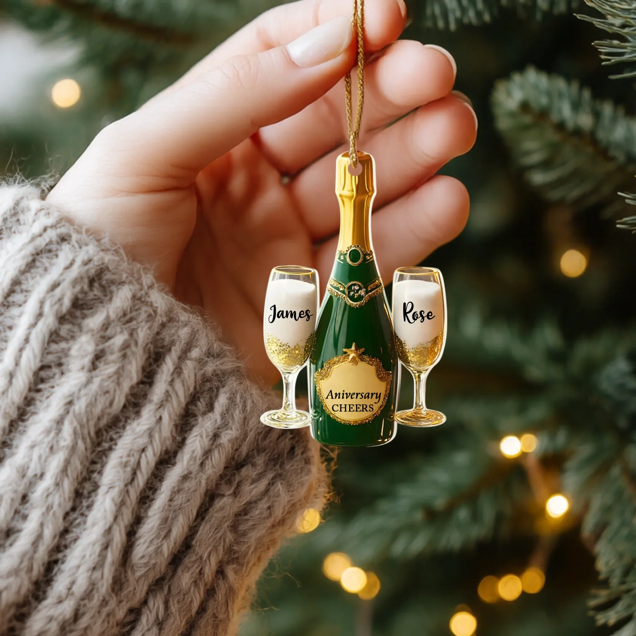 Ornement personnalisé “Joyeux anniversaire – Bouteille de champagne et verres à toast” – Ornement personnalisé avec noms de couple et années d'anniversaire | Cadeau romantique pour couples, mariages, Noël et célébrations importantes – Image 9