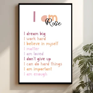 Affiche d'affirmation personnalisée « Je suis » pour enfants – Décoration murale motivante avec nom personnalisé, citation positive imprimée pour chambre d'enfant ou de bébé
