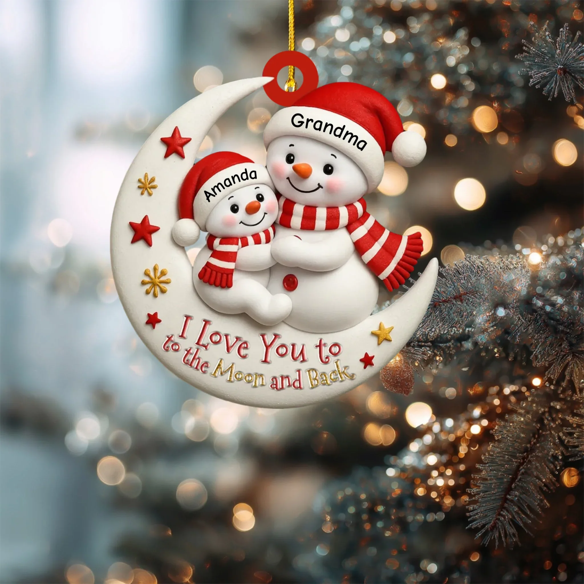 Décoration de Noël personnalisée « Je t'aime jusqu'à la lune et retour » pour grand-mère et petit-enfant – Décoration de Noël en bois personnalisée, cadeau souvenir de famille bonhomme de neige
