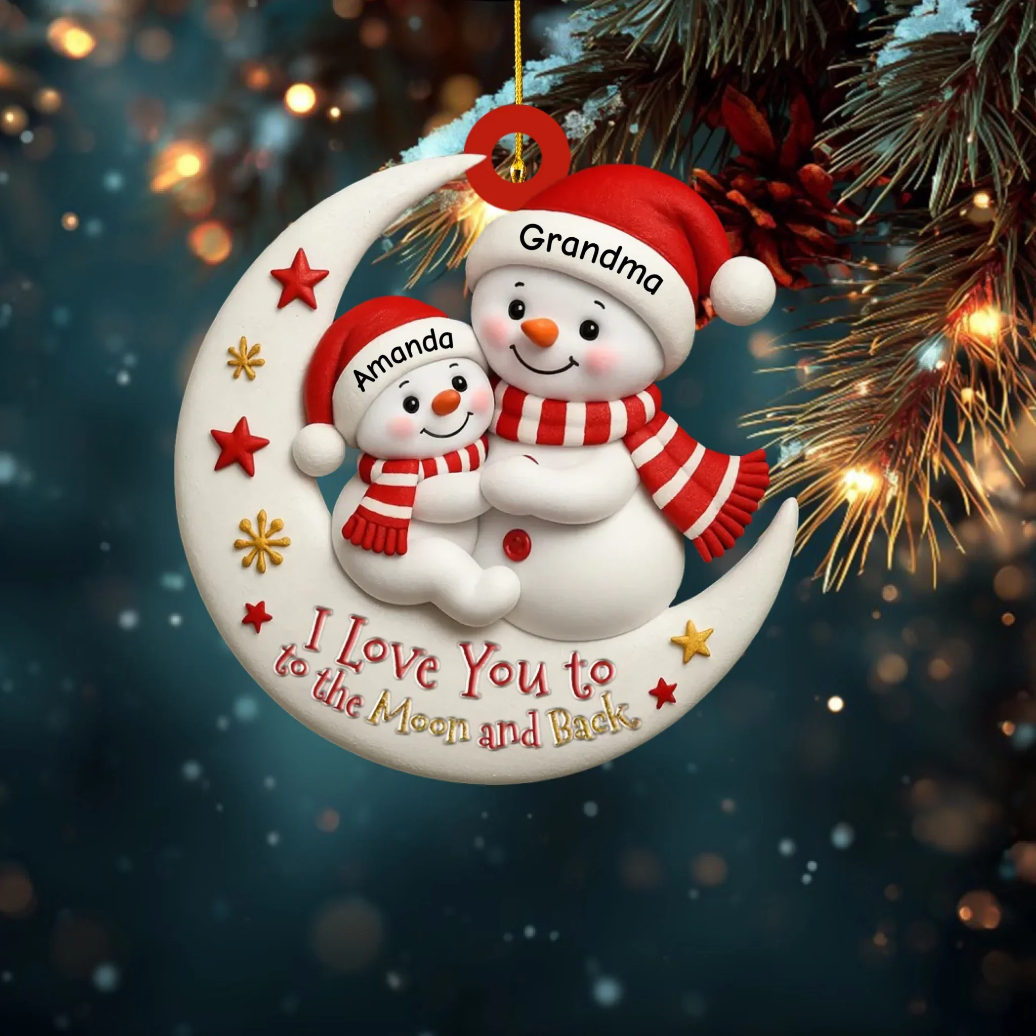 Décoration de Noël personnalisée « Je t'aime jusqu'à la lune et retour » pour grand-mère et petit-enfant – Décoration de Noël en bois personnalisée, cadeau souvenir de famille bonhomme de neige – Image 2
