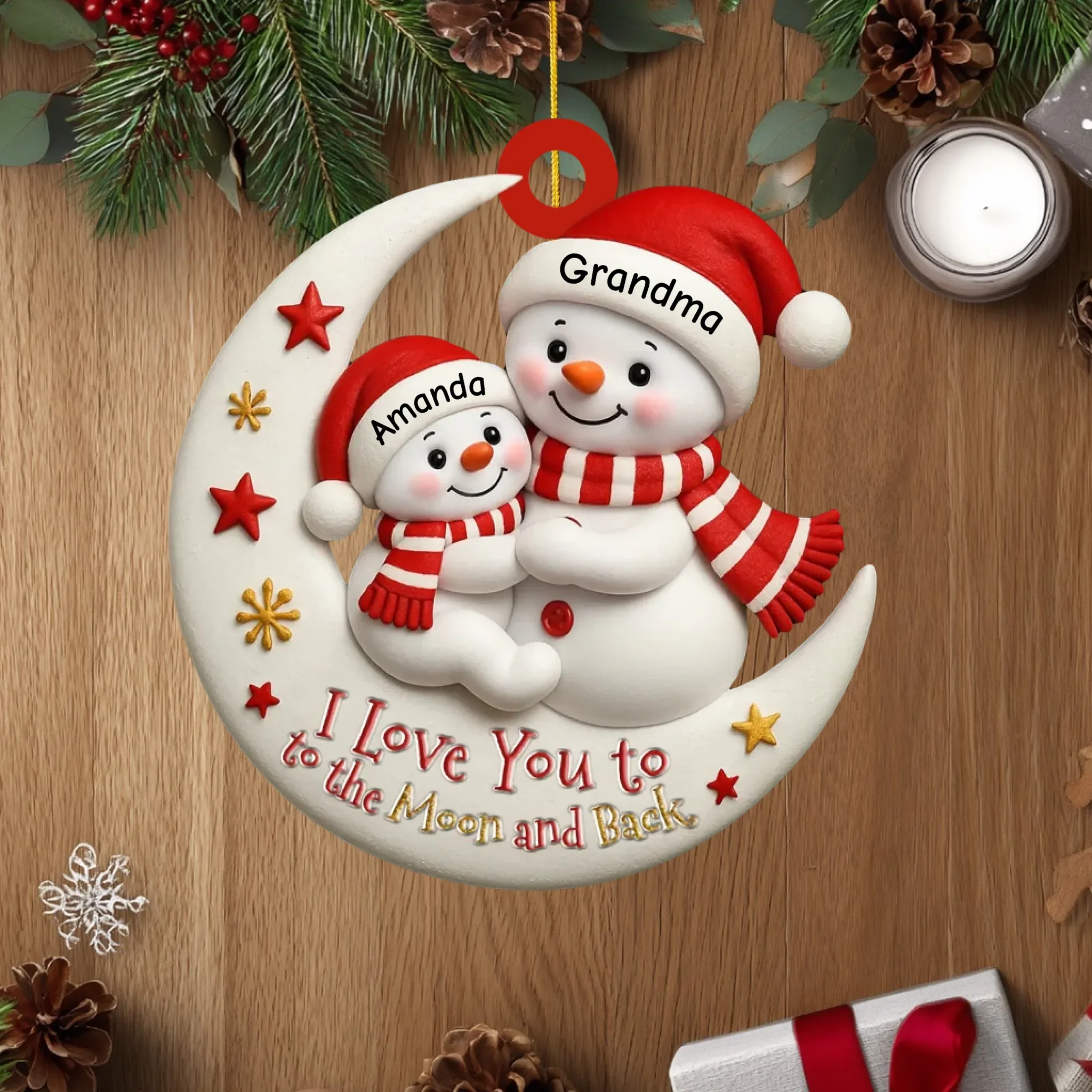Décoration de Noël personnalisée « Je t'aime jusqu'à la lune et retour » pour grand-mère et petit-enfant – Décoration de Noël en bois personnalisée, cadeau souvenir de famille bonhomme de neige – Image 3