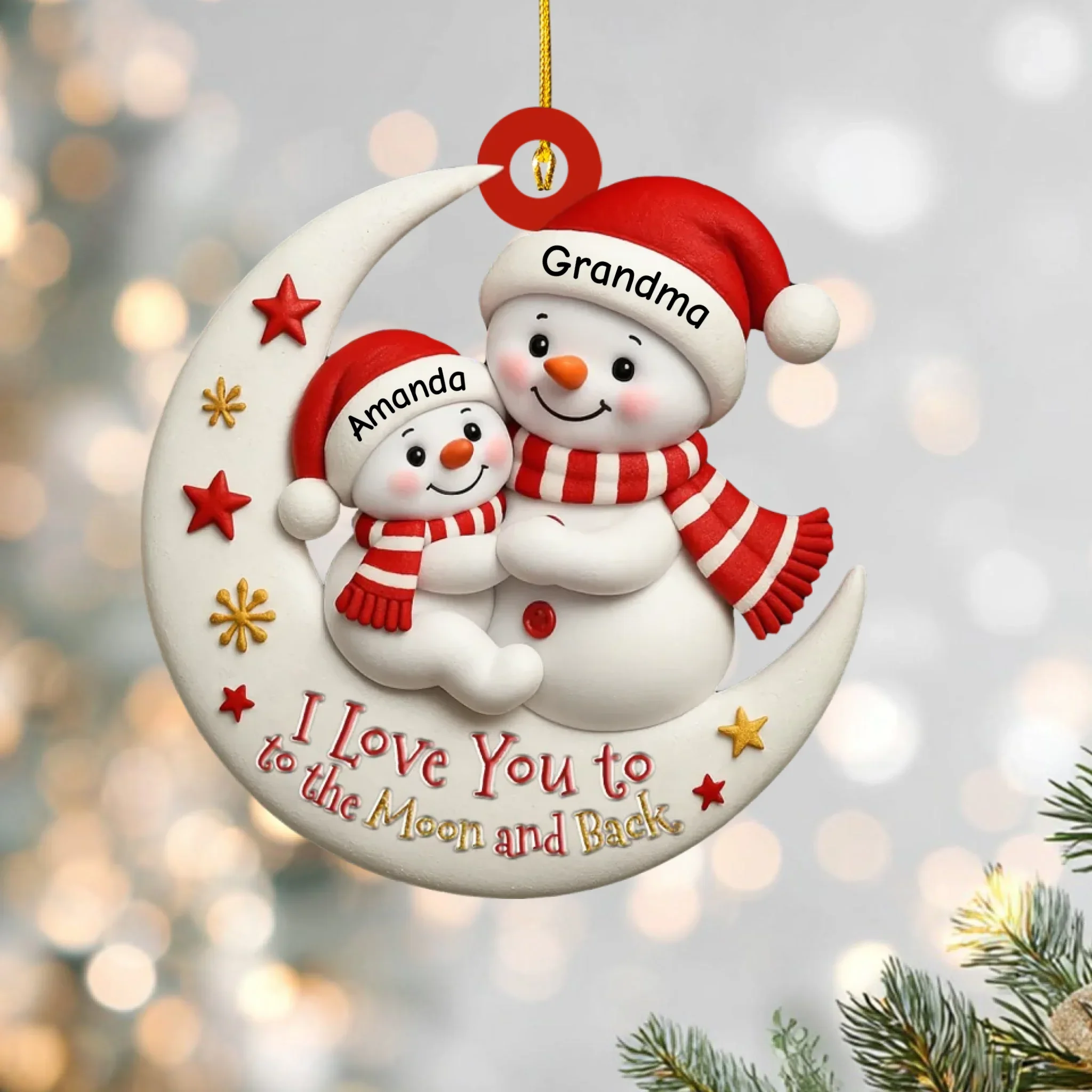 Décoration de Noël personnalisée « Je t'aime jusqu'à la lune et retour » pour grand-mère et petit-enfant – Décoration de Noël en bois personnalisée, cadeau souvenir de famille bonhomme de neige – Image 4